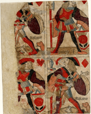 Un foglio non tagliato di carte da gioco con semi francesi, stampato a Rouen da Valery Faucil ca. 1516; attualmente al British Museum. Licenza: Creative Commons Attribution-NonCommercial-ShareAlike 4.0 International (CC BY-NC-SA 4.0). © The Trustees of the British Museum.