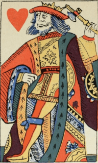 Re di cuori da un mazzo di carte francese, prodotto a Rouen nel 1567 ca. Benham 1931, p. 28, fig. 59.