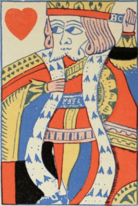 Re di cuori da un mazzo di carte francese, prodotto in Inghilterra nel 1750 ca. Benham 1931, p. 28, fig. 60.