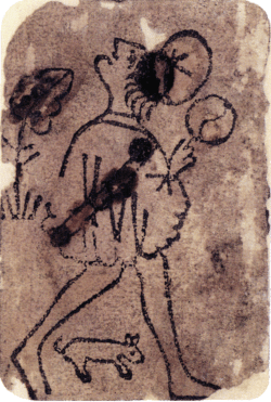 Fante di denari da un mazzo “moresco” catalano, 1400–1420; attualmente conservato al Museo Fournier de Naipes, Álava (Spagna). Fonte: Wikimedia Commons, licenza: pubblico dominio.