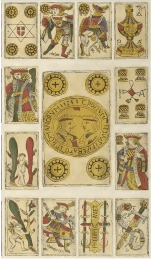 Un foglio non tagliato di carte con i semi spagnoli, 1574. Originariamente pubblicato al Museo español de antigüedades, vol. 3, 1874. Fonte: Wikimedia Commons, licenza: pubblico dominio.